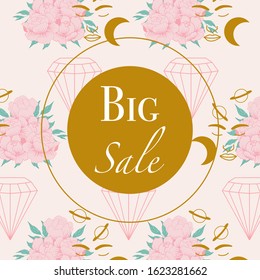 big sale ad banner with diamonds and peony composition, perfect to use for your sales promotions