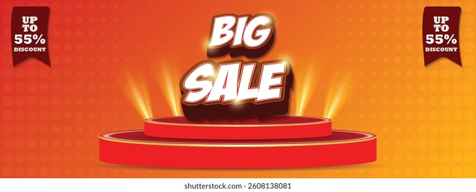 Big sale advertisement with 3d font and luxury podium and spot light, can be used in online sale marketing flyer, product promotion, advertising, discount announcement, easily editable flyer, vector