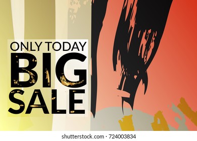 Big sale advertisement banner on hand drawn background with gold marks. Sale trendy poster with gold splashes and black frame. Rough colorful doodle fun special offer banner template.