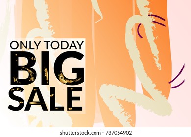 Big sale advertisement banner on hand drawn background with gold marks. Sale trendy poster with gold splashes and black frame. Rough colorful doodle fun special offer banner template.
