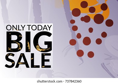 Big sale advertisement banner on hand drawn background with gold marks. Sale trendy poster with gold splashes and black frame. Rough colorful doodle fun special offer banner template.