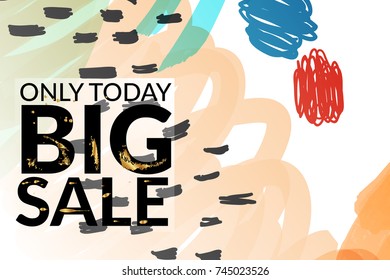 Big sale advertisement banner on hand drawn background with gold marks. Sale trendy poster with gold splashes and black frame. Rough colorful doodle fun special offer banner template.