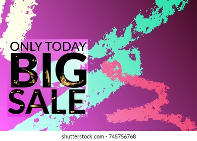 Big sale advertisement banner on hand drawn background with gold marks. Sale trendy poster with gold splashes and black frame. Rough colorful doodle fun special offer banner template.