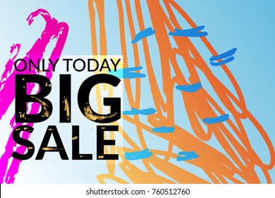 Big sale advertisement banner on hand drawn background with gold marks. Sale trendy poster with gold splashes and black frame. Rough colorful doodle fun special offer banner template.