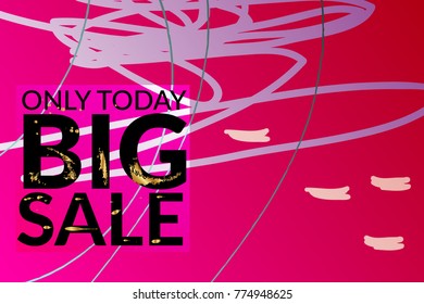 Big sale advertisement banner on hand drawn background with gold marks. Sale trendy poster with gold splashes and black frame. Rough colorful doodle fun special offer banner template.