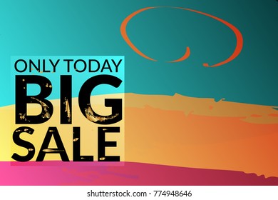 Big sale advertisement banner on hand drawn background with gold marks. Sale trendy poster with gold splashes and black frame. Rough colorful doodle fun special offer banner template.