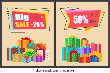 Big sale advertisement with discount values on colorful signs. Vector illustration special offer banners decorated with gift boxes and bows collection