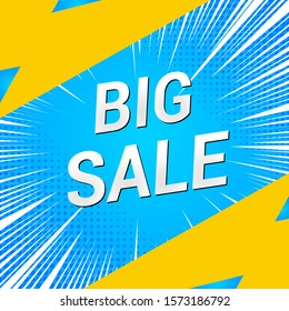 Big Sale advertising comic concept with dynamic rays and halftone effects on blue background. Vector illustration