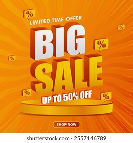 Big sale advertising design on orange background. with podium design for web, social media, business, discount shopping, sales promotion and advertising
