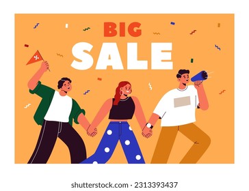 Big sale announcement, discount promotion banner. Happy people with bullhorn, loudspeaker announcing, advertising, promoting discounts in shops. Marketing ad background. Flat vector illustration