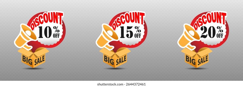 Big sale announcement with megaphone and discount cloud above open box for retail and ecommerce promotion