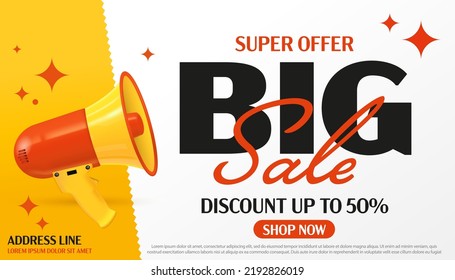 Big sale announcement. Super offer discount up to 50 percent off advertisement. Sale label or banner with megaphone loudspeaker design vector illustration. Half price sale marketing promotion