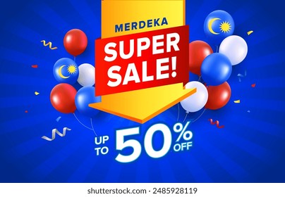 Gran venta flecha idea de promoción del Día de Malasia o Hari Merdeka con Elementos de celebración. Plantilla de Ilustración vectorial del Día Nacional de Malasia con globos, cintas para tarjetas, Anuncio, afiche.