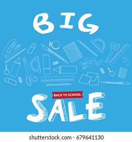 Big sale Back to School background with chalkboard and supplies. Stationery equipment. Vector realistic illustration 