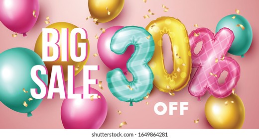 Big sale background with colorful floating balloons. Vector illustration.