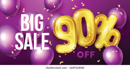 Big sale background with gold and purple floating balloons. Vector illustration.