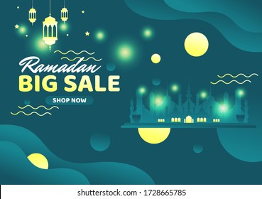 big sale background ramadan eid mubarak al kareem islamic design crescent moon and mosque dome silhouette with beautiful liquid wave arabic pattern and calligraphy