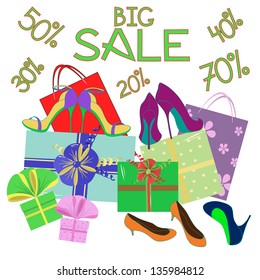 Big sale background of shoes and colorful gift wrap