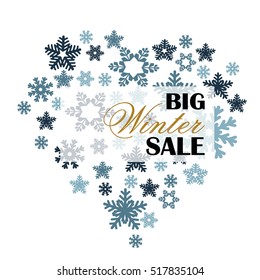 Big sale. Background of snowflakes in the form of heart. Winter snowflake mandala poster for the New Year, Christmas. Vector illustration