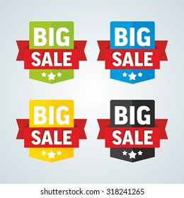 Big sale badge with red ribbon. Different colors. Vector illustration.