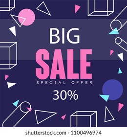 Big sale banner up to 30 percent off template design, seasonal discount poster with different geometric shapes, advertising element vector Illustration