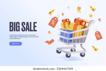 Big Sale banner 3D design. Online shopping advertisement, banner. Full shopping cart with products and presents. Concept of great discount. Black friday anniversary website design. 3D vector render