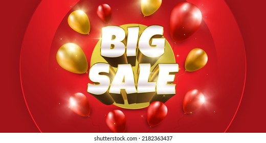 Big Sale Banner with 3D Text and Balloons Isolated on Red Background. Special Offer Banner or Poster Template Design for Social Media and Website. Discount Promotion Design