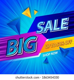 Big sale banner abstract blue background, up to 50% off. Discount promotion layout template design. Vector illustration