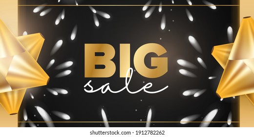 Big sale banner. Abstract golden fireworks. Ready black ad banner. Wide poster. Vector