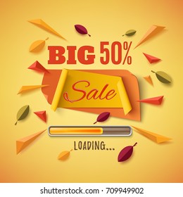 Big sale banner with abstract leafs, loading bar and colorful partikles on orange background. Template for poster or brochure. Vector illustration.