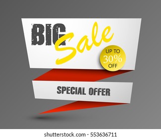 Big Sale banner with arrow in pop-art style. Web vector template. Paper background. Advertising poster. Special Offer balloon. End of season