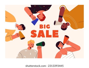 Big sale banner background, marketing announcement, promotion. Happy people with bullhorns, megaphones, loudspeakers in hands, announcing, promoting discounts, advertisement. Flat vector illustration