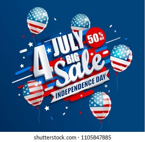 Banner de Big Sale con globos para el Día de la Independencia. Oferta de 50% de descuento. Plantilla para su diseño, tarjeta, volante, afiche para el 4 de julio en Estados Unidos. Ilustración vectorial.