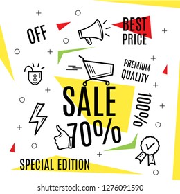 Big sale banner, best offer, vector eps10 illustration. Set of trendy flat geometric vector banners. Vivid transparent banners in retro poster design style. Red and yellow colors. Seamless pattern. - 