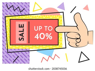 Big sale banner best price. Hot sale and discount. Special offer text and hand. New arrival, big sale and special offer. Black friday up to. Big discount with human hand pointing to advertising phrase