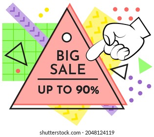 Big sale banner best price. Hot sale and discount. Special offer text and hand. New arrival, big sale and special offer. Black friday up to. Big discount with human hand pointing to advertising phrase