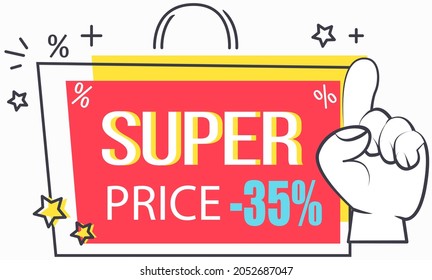 Big sale banner best price. Hot sale and discount. Special offer text and hand. New arrival, big sale and special offer. Black friday up to. Big discount with human hand pointing to advertising phrase