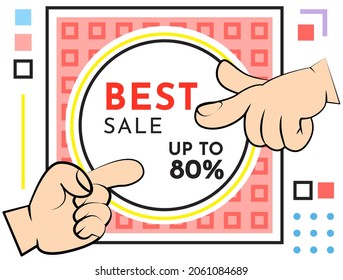 Big sale banner best price. Hot sale and discount. Special offer text and hand. New arrival, big sale and special offer. Black friday up to. Big discount with human hand pointing to advertising phrase