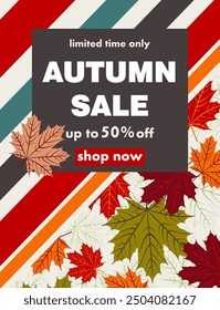 Big sale banner with colorful autumn leaves and bright stripes vector illustration. Landing page template with fall foliage and profitable discount flat style design.