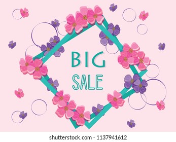 Big sale banner with cute colorful spring flowers. Poster, flyer. Vector illustration. EPS 10