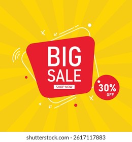 Big Sale Banner Design with 30% Discount Label on Yellow Background
