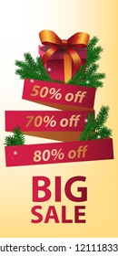Big Sale banner design. Christmas gift, ribbon and fir tree branches on yellow background. Template can be used for retail posters, flyers, signs