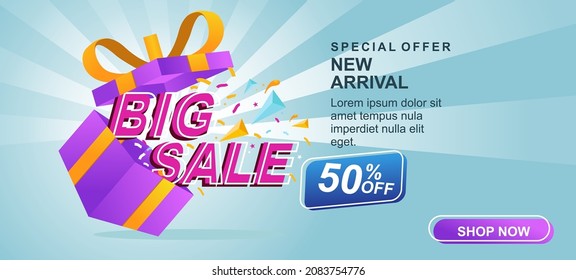 BIG SALE banner design with open gift background. Big sale discount banner template promotion. Sales layout design. Vector illustration