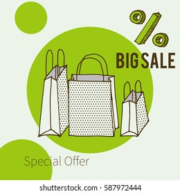 Big Sale Banner Design for shop, online store in cartoon style. Discount. Shopping bag doodle. Sale icon in hand drawn style. Vector illustration.