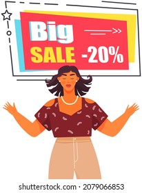 Cartel de la gran venta. Venta y descuentos. Oferta de reducción de afiche vectorial con mujer feliz. Nueva llegada, venta y oferta especial. Viernes negro. Gran descuento con una chica que se toma la mano, propuesta de superprecio