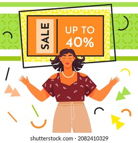 Cartel de la gran venta. Venta y descuentos. Oferta de reducción de afiche vectorial con mujer feliz. Nueva llegada, venta y oferta especial. Viernes negro. Gran descuento con una chica que se toma la mano, propuesta de superprecio