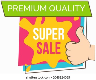 Big sale banner. Sale and discounts. White text and hand on black background. New arrival, big sale and special offer. Black friday up to. Big discount with human hand showing symbol ok thumb up