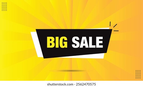 Big sale banner in EPS format, editable icon sticker label design with white and black shapes. Features a vibrant yellow and orange abstract background, perfect for promotions and discounts.