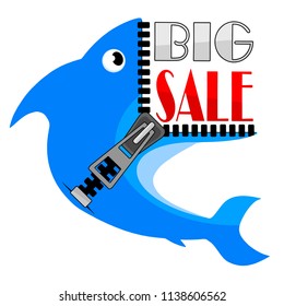 Big Sale banner, Fish with a mouth in the form of an unfastened zipper, this weekend special offer advertising banner template, vector illustration
