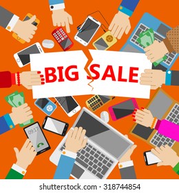 Big sale banner. Flat modern design vector poster. Phones, smartphones, pc, computers and hands of customers.